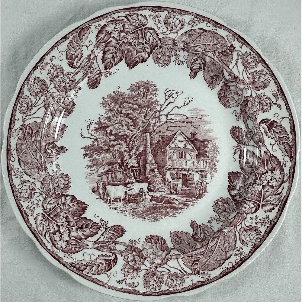 Vintage Spode Red Rural Scenes Blue Room Collection Dinner Plate 10 3/8"